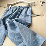 【初色】通勤風條紋鬆緊腰綁帶多口袋休閒闊腿褲寬褲長褲-藍色-50293(M-2XL可選) M 藍色