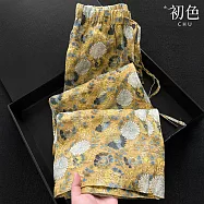 【初色】港風復古風棉麻印花鬆緊腰九分褲休閒褲寬褲長褲-黃色-50313(M-2XL可選) M 黃色