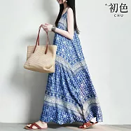【初色】民族風純色印花寬鬆口袋吊帶連衣裙連身洋裝長裙-藍色-50325(M-2XL可選) M 藍色