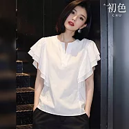 【初色】通勤風薄款純色拼接荷葉邊圓領短袖飛飛袖襯衫上衣女上衣-白色-50690(M-3XL可選) M 白色