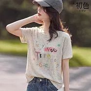 【初色】美式童趣塗鴉印花圓領短袖針織衫T恤上衣女上衣-共2色-50706(M-2XL可選) M 米色