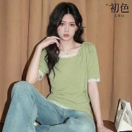 【初色】假兩件圓領短袖蕾絲拼接繫帶不對稱下擺T恤上衣女上衣-綠色-50700(M-XL可選) M 綠色