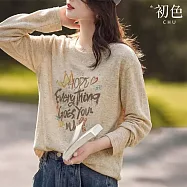 【初色】慵懶風寬鬆顯瘦百搭字母印花圓領長袖T恤針織衫上衣女上衣-共2色-50677(M-2XL可選) M 黃色