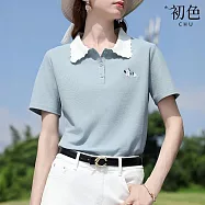 【初色】通勤風撞色螺紋翻領童趣小馬刺繡開釦短袖上衣女上衣-藍色-51012(M-2XL可選) M 藍色