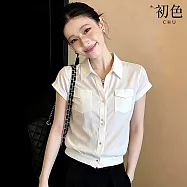 【初色】通勤風純色翻領短袖雙口袋單排釦襯衫上衣女上衣-白色-51003(M-2XL可選) M 白色