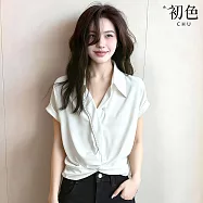 【初色】韓系通勤風純色翻領不對稱下擺抓褶扭結短袖襯衫上衣女上衣-白色-50999(M-2XL可選) M 白色