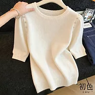 【初色】簡約純色圓領柔軟針織釘珠五分袖毛衣T恤上衣女上衣-共3色-50888(F可選) F 米白色