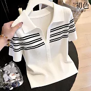 【初色】休閒風翻領V領條紋短袖針織衫上衣女上衣-共2色-50926(F可選) F 白色