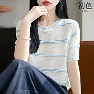 【初色】簡約薄透圓領撞色條紋短袖針織T恤上衣女上衣-共5色-50940(F可選) F 淺藍色