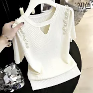 【初色】休閒風冰絲鏤空釘珠顯瘦圓領短袖打底針織衫上衣女上衣-共3色-50921(M-2XL可選) F 杏色