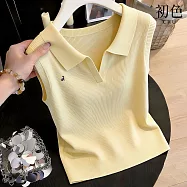【初色】簡約純色翻領刺繡針織無袖T恤上衣女上衣-黃色-50930(F可選) F 黃色