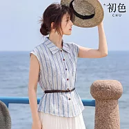 【初色】通勤風撞色條紋收腰系帶雙口袋翻領無袖襯衫上衣女上衣-條紋-51021(M-2XL可選) M 條紋