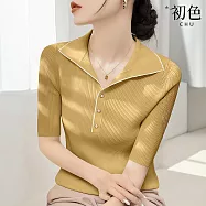 【初色】法式通勤風拼接撞色翻領排扣設計修身顯瘦短袖T恤上衣女上衣-共6色-50952(F可選) F 黃色