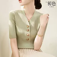 【初色】通勤風純色V領鈕釦設計五分袖針織上衣女上衣-共5色-50958(F可選) F 淺綠色