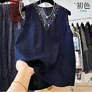 【初色】棉麻風純色V領小花刺繡薄款無袖馬甲背心上衣女上衣-共2色-13713(M-3XL可選) M 藏青色