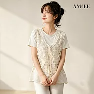 【AMIEE】蕾絲鉤花馬甲背心短袖上衣兩件套(KDTY-6961) M 米杏色