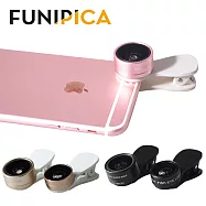 FUNIPICA 三合一鏡頭 0.36X廣角+15X微距+魚眼 簡約時尚 鋁合金外殼 適用手機 平板電腦 光學玻璃鏡頭黑色