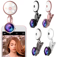 再升級!! 九段補光 美顏神器 4K廣角+50X微距+魚眼 RK19 補光鏡頭 適用手機 平板 高質感鋁合金外殼 光學玻璃鏡頭 A款:圓形 玫瑰金