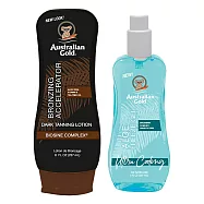 【助曬乳保養組】Australian Gold 金色澳洲 急速黝黑助曬乳液(237ml)+沁涼蘆薈曬傷急救凝膠(237ml)-公司貨