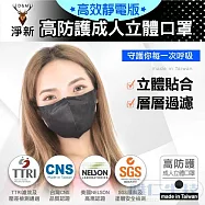 【淨新口罩 高效靜電版】台灣製成人立體口罩(黑色) 超強防護力 透氣好呼吸  黑