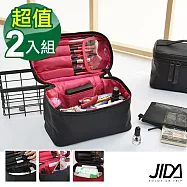 JIDA 網美款 加大款防水手提化妝包-可收刷具(2入組)酒紅色x2
