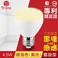 【TOYAMA特亞馬】LED雷達感應燈4.5W E27螺旋型 燈泡色(黃光)