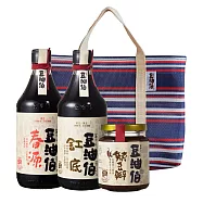 【豆油伯】精選純釀缸源辣豆3入復古提袋(花色隨機)組(缸底醬油500ml+春源黑豆醬油500ml+辣豆瓣醬280g) / 送禮首選