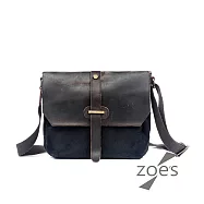 【Zoe s】蠟染帆布X瘋馬皮掀蓋郵差學院包(性格黑)