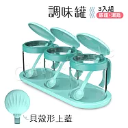 貝殼蓋 廚房烘焙 玻璃調味罐 鹽 味素 糖 佐料罐 料理收納罐 3入組-湖綠(贈底座+小湯匙)