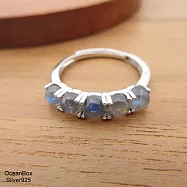 藍光彩虹拉長石排列鑲嵌純銀戒指.925純銀外鍍專櫃級正白K.可調整戒圍