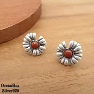 復古拉絲南紅瑪瑙花朵925純銀耳環.貼耳耳環