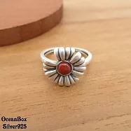 復古拉絲南紅瑪瑙花朵925純銀戒指.可調整戒圍