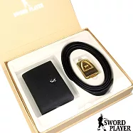 SWORD PLAYER - 莎普爾帝斐款皮革珠扣式皮帶+商務真牛皮名片夾禮盒組黑色