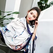 [Emi艾迷]歐美復古花紋帆船印花仿真絲薄圍巾披肩絲巾白色系