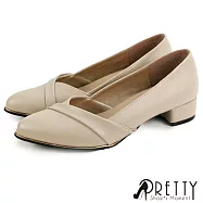 【Pretty】女 低跟鞋 反摺 斜口 金邊 尖頭 粗跟 台灣製 JP24.5 米色