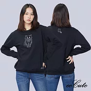 eeCute遇見貓EE中性款大學T(內刷毛) S 時尚黑