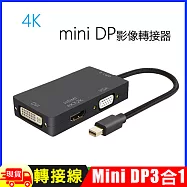Mini DP轉HDMI(4K)DVIVGA 3合1轉換器 Mini display 多功能轉接線 黑色