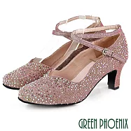 【GREEN PHOENIX】女 專業標準舞鞋 摩登舞鞋 探戈 華爾滋 國標舞鞋 金蔥 水鑽 真皮底 交叉 側扣式 68 粉紫