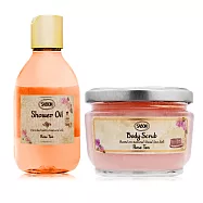 SABON 玫瑰茶語身體磨砂膏(320g)+玫瑰茶語沐浴油(300ml)-國際航空版