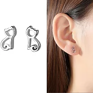 【Emi 艾迷】療育系列可愛對望小貓鏤空925銀針耳環 銀色