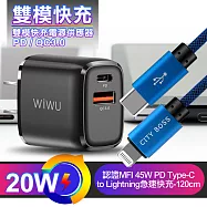 WIWU PD+QC3.0 20W雙模快充電源供應器+CB蘋果認證MFI 45W Type-C To Lightning PD編織快充線 充電器黑+藍線