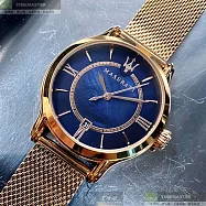 MASERATI瑪莎拉蒂精品錶,編號：R8853118503,34mm圓形玫瑰金精鋼錶殼寶藍色錶盤米蘭玫瑰金色錶帶