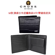 【CROSS】台灣總經銷 限量1折 頂級小牛皮短夾送頂級真皮皮帶 全新專櫃展示品 (贈禮盒提袋) M款-鱷魚紋4卡黑