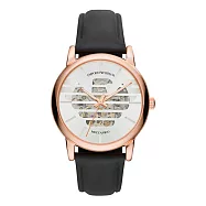 EMPORIO ARMANI Meccanico系列王者之風機械腕錶-玫瑰金X黑皮帶