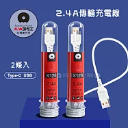 加利王WUW Type-C USB 2.4A試管傳輸充電線(X126)1M-2入組
