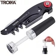 德國TROIKA多功能調酒師不鏽鋼小刀兼螺旋開瓶器和瓶封組WST01/BK(海馬刀+瓶塞;折疊式)WINE SET "WEINPROBE"