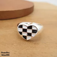 獨特時尚黑白格紋愛心開口式925純銀戒指 可調整戒圍