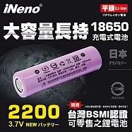 【iNeno】18650高強度鋰電池2200mAh(平頭)