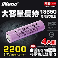 【iNeno】18650高強度鋰電池2200mAh(平頭)4入