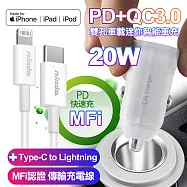 BSMI認證20W PD+QC3.0雙孔車用迷你智能車充-白+NISDA MFi認證 C to Lightning PD傳輸充電線-白